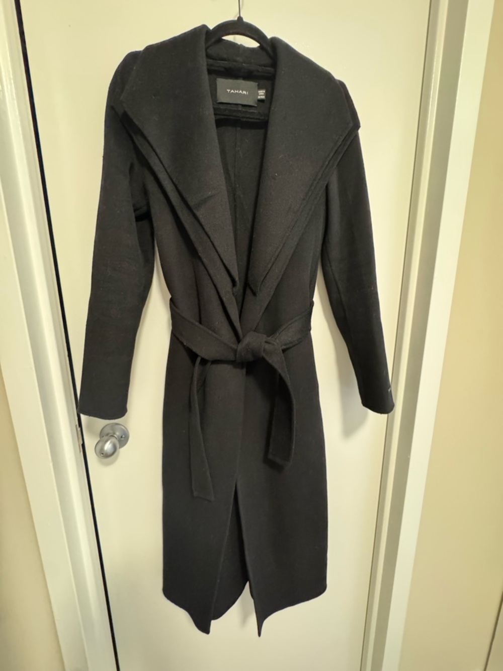T Tahari Black Long Wrap Belted Trench Coat